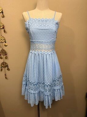 NWT rue21 Y2K Baby Blue Lace Trim Textured Tie Back Ruffle Sundress Size Small